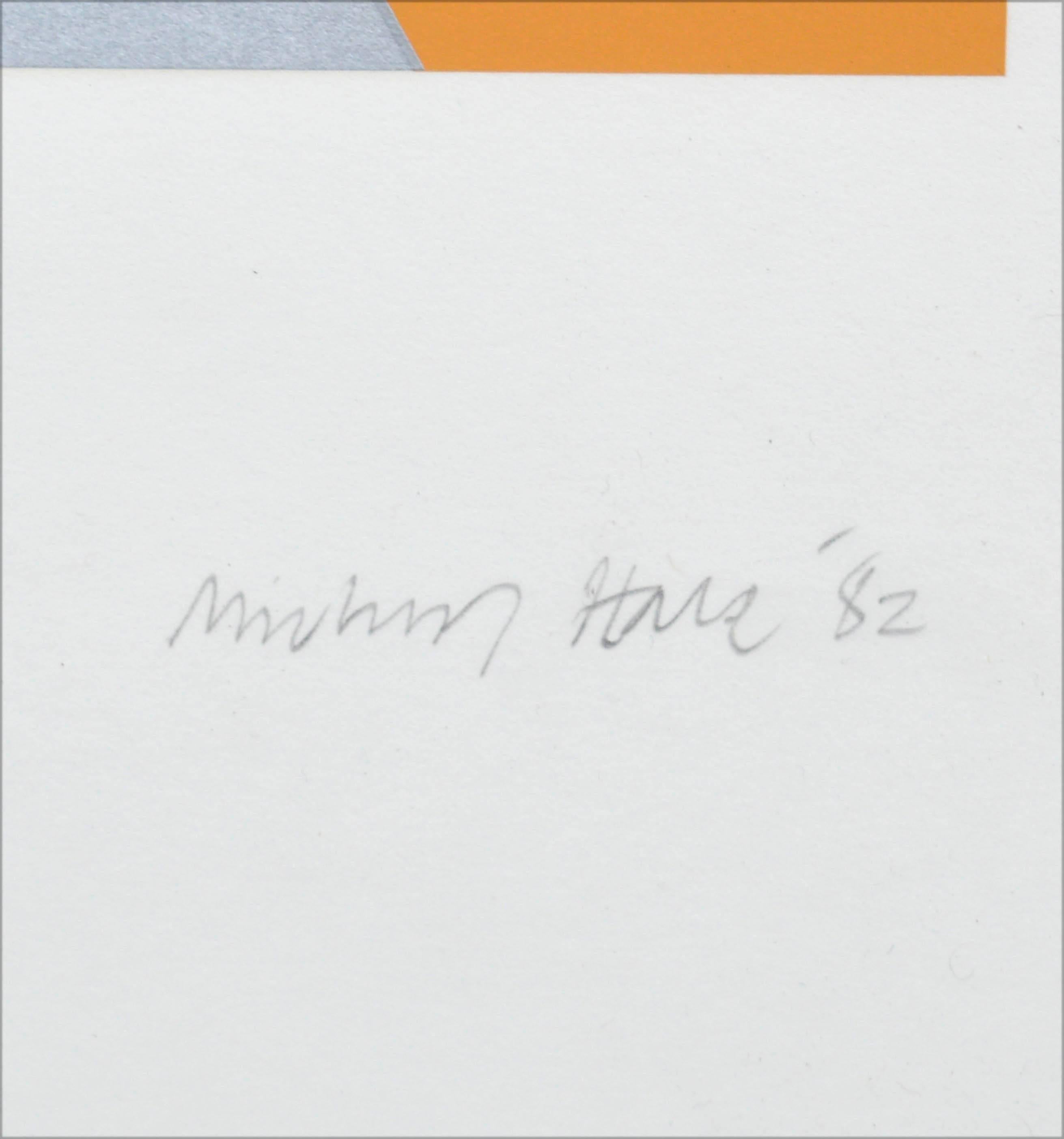 „Tarantella“ – Geometrischer abstrakter Raumteilerdruck mit pfirsichfarbenem, rotem und schwarzem (Beige), Abstract Print, von Michael Hale