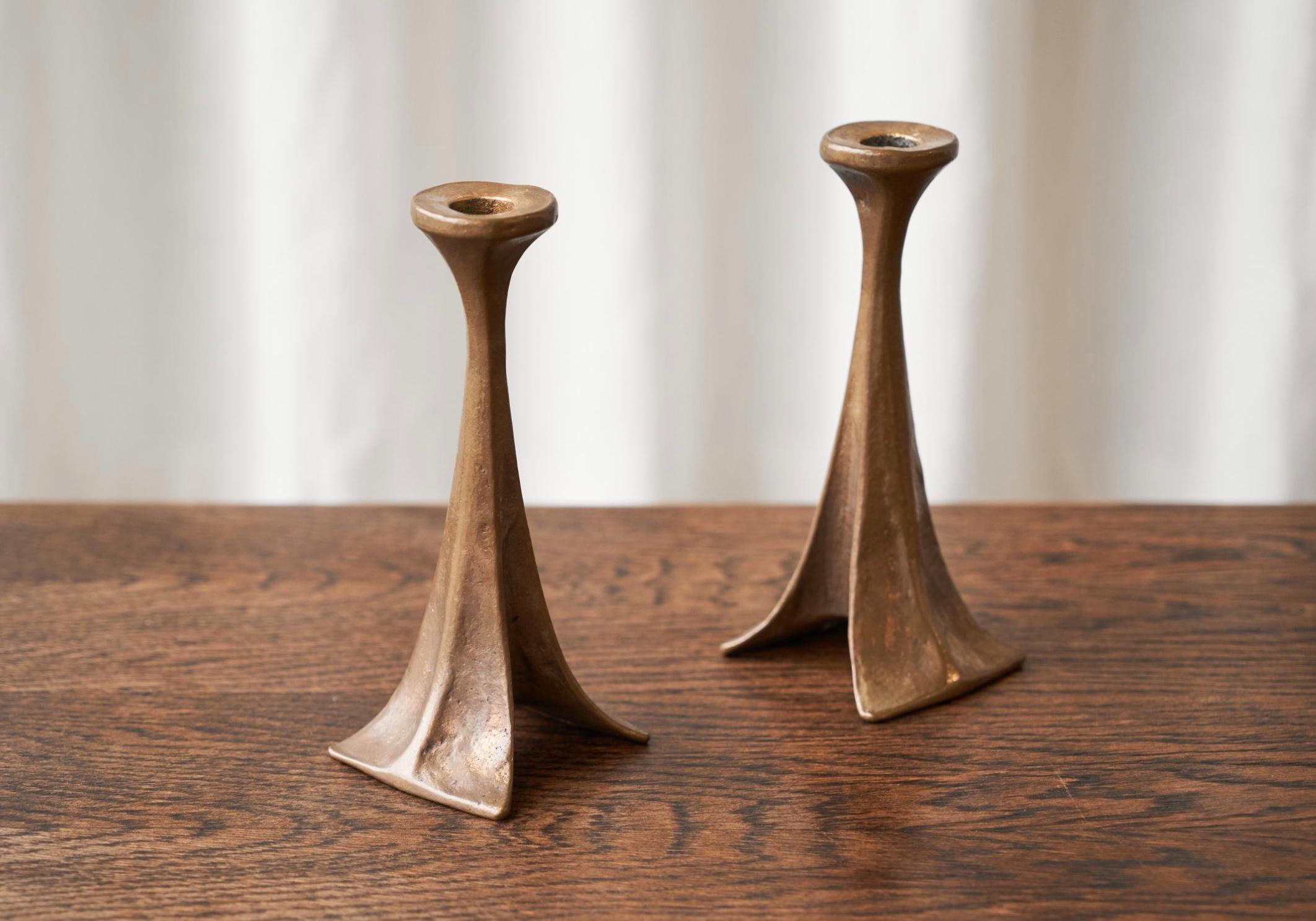 Hand-Crafted Michael Harjes Pair of Brutalist Candlesticks in Bronze 1970s