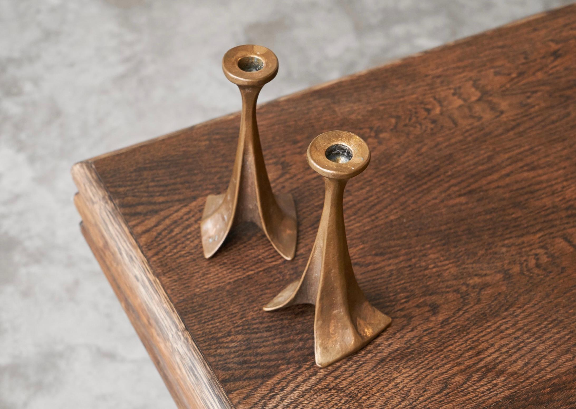 Michael Harjes Pair of Brutalist Candlesticks in Bronze 1970s 1