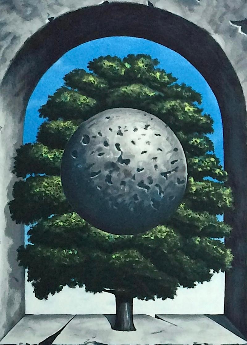 UN PUNTO D'ONORE Litografia disegnata a mano, albero surrealista, cielo blu, arco di cemento - Landscape Print Grigio di Michael Hasted
