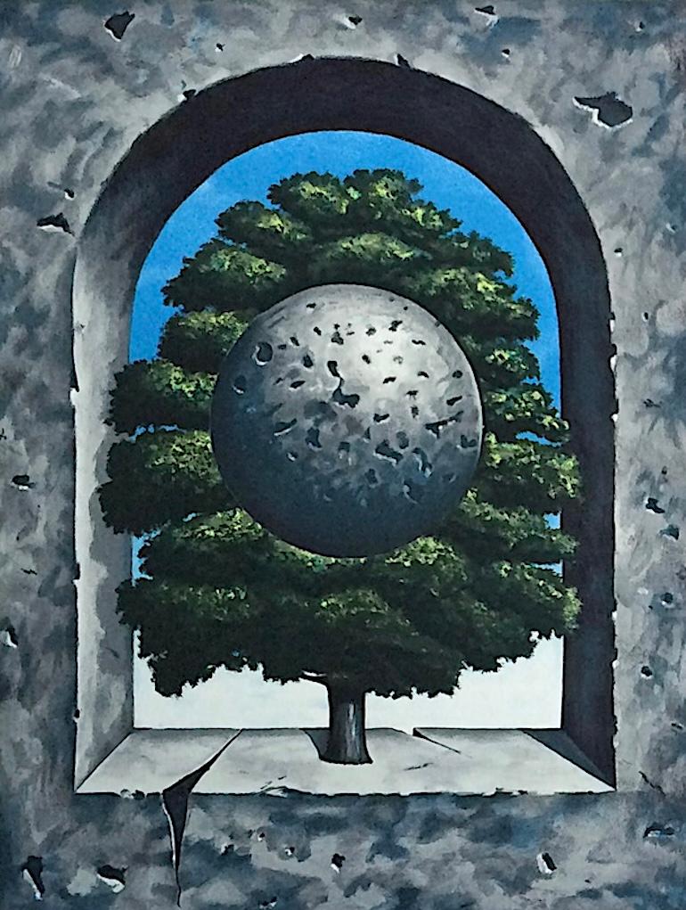 UN PUNTO D'ONORE Litografia disegnata a mano, albero surrealista, cielo blu, arco di cemento - Print Surrealismo di Michael Hasted