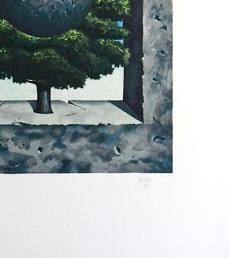 UN PUNTO D'ONORE Litografia disegnata a mano, albero surrealista, cielo blu, arco di cemento in vendita 2