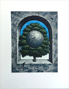 UN PUNTO DE HONOR Litografía dibujada a mano, árbol surrealista, cielo azul, arco de hormigón