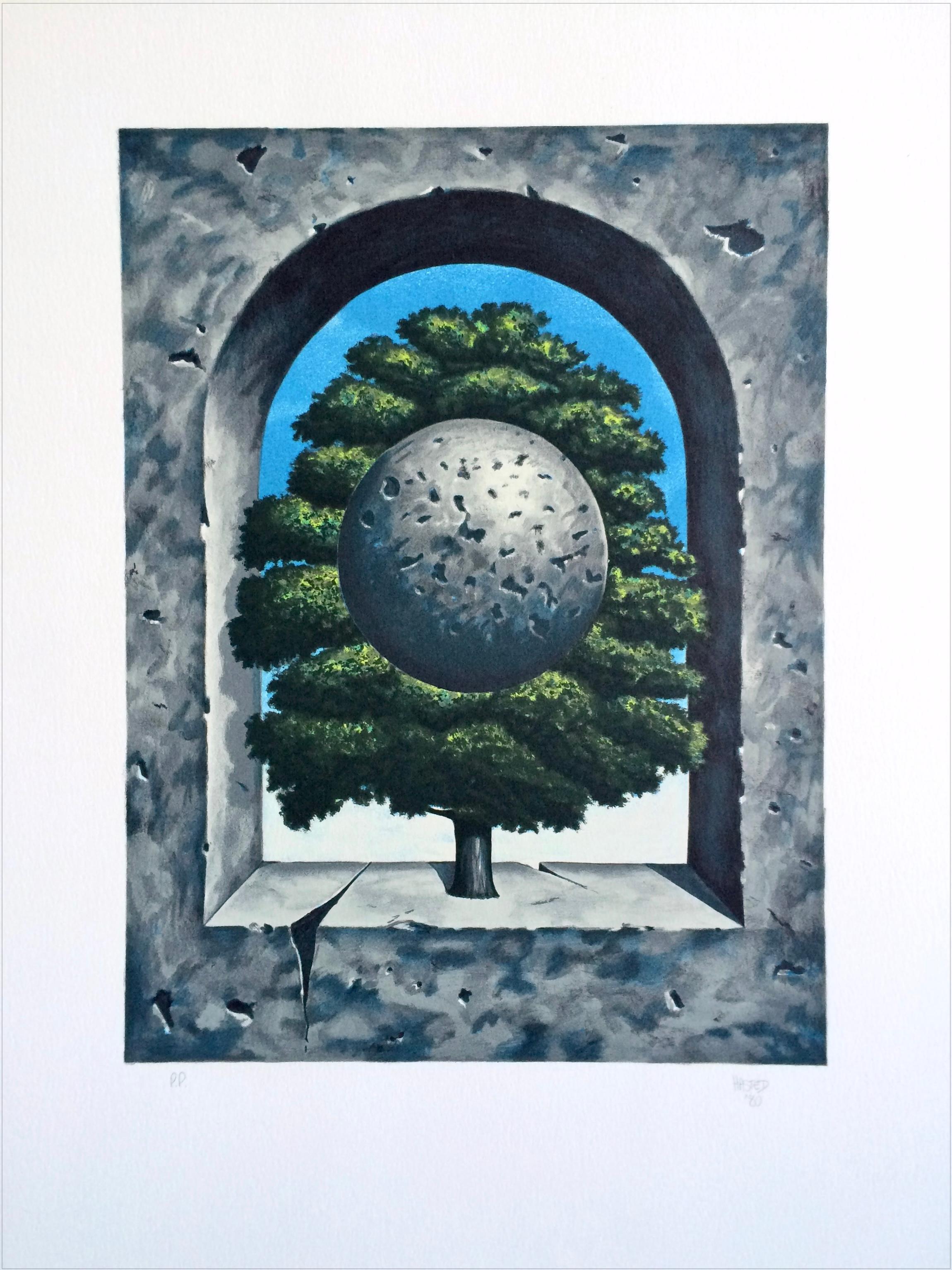 UN PUNTO DE HONOR Litografía dibujada a mano, árbol surrealista, cielo azul, arco de hormigón