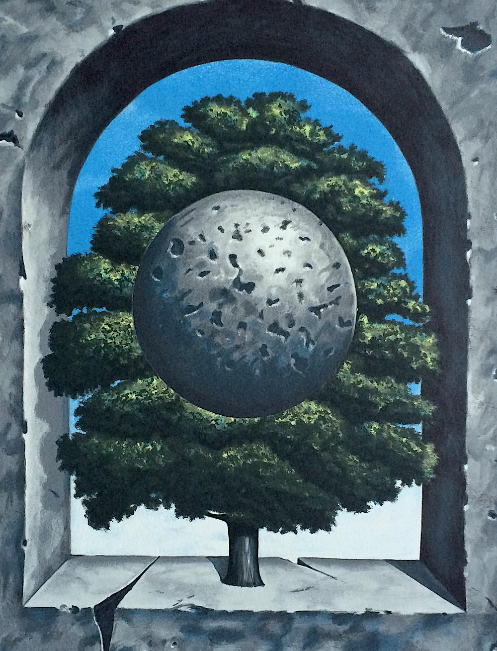 A POINT OF HONOR Hand Drawn Lithograph, Surrealist Tree, Blue Sky, Concrete Arch - Print by Michael Hasted