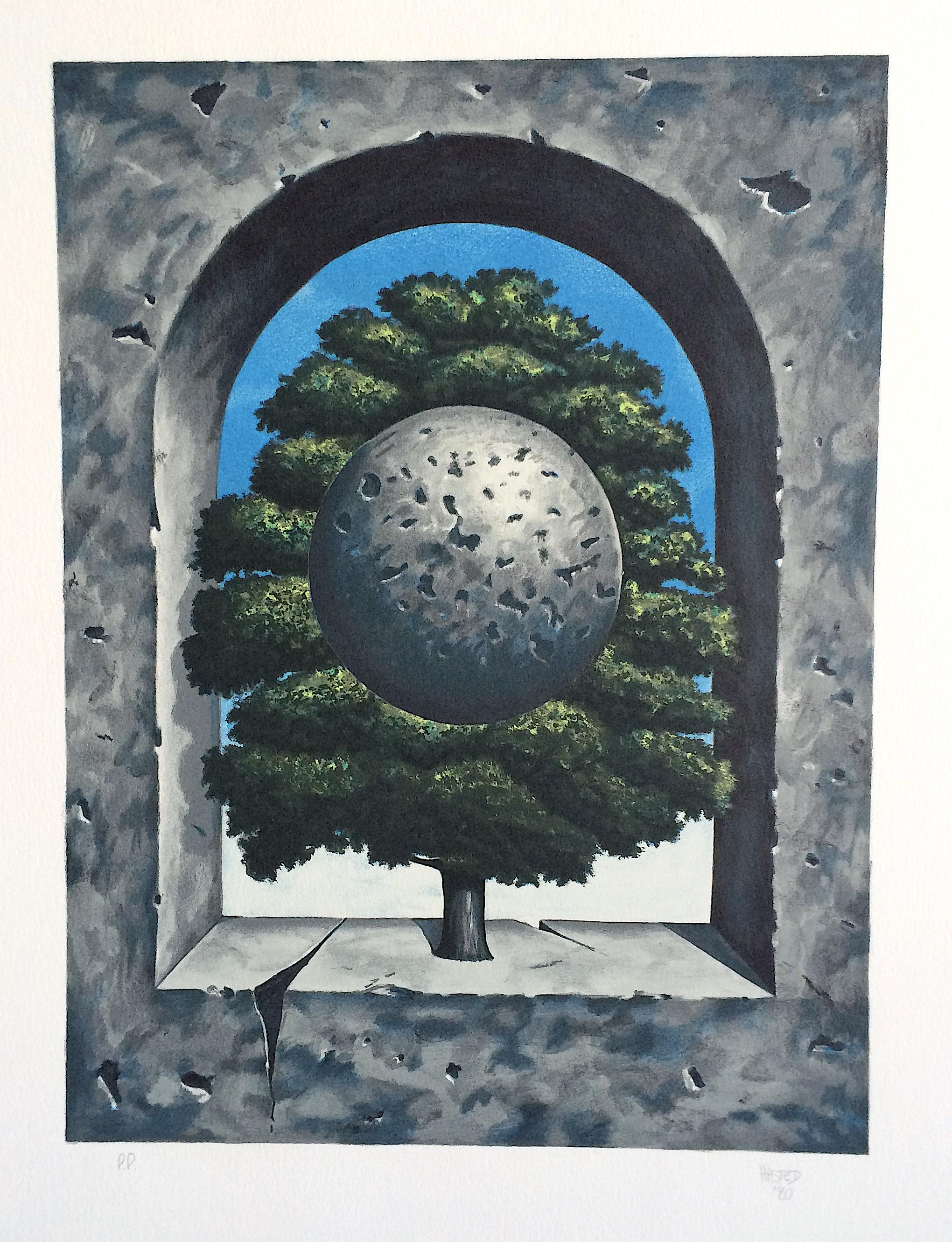 Lithographie dessinée à la main, arbre surréaliste, ciel bleu, arc en béton