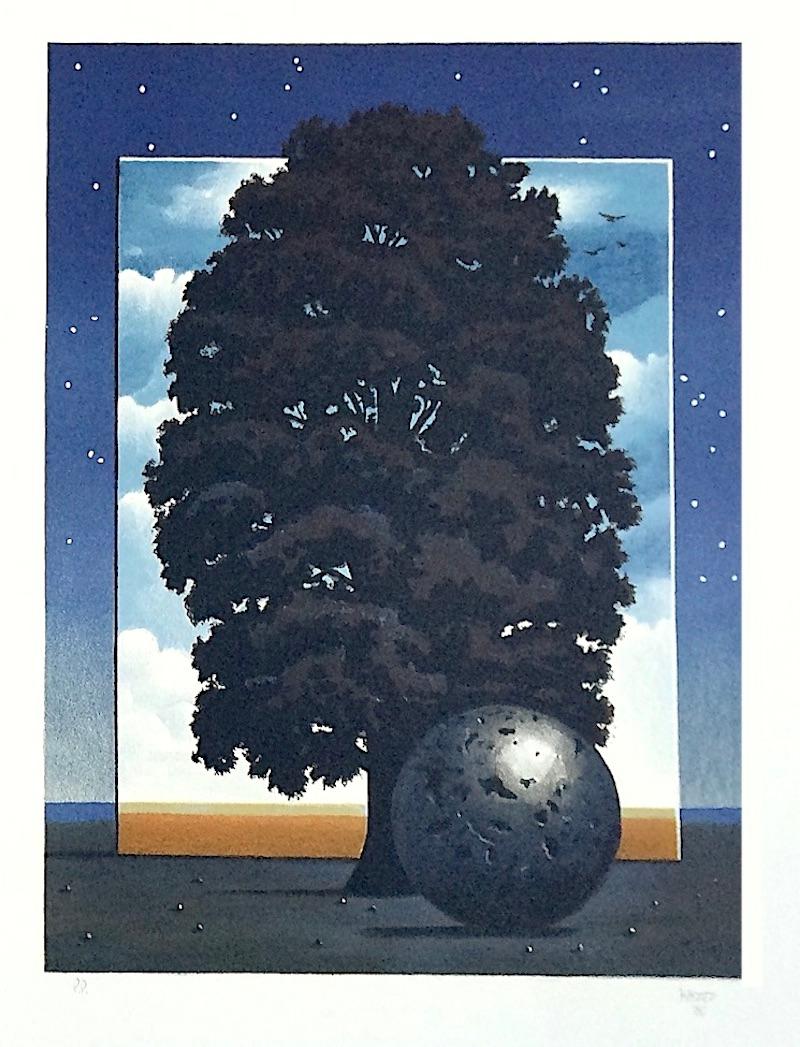 LIGHT OF DISCOVERY Handgezeichnete Lithographie, Surrealistische Landschaft, Nachthimmel, Baum  – Print von Michael Hasted