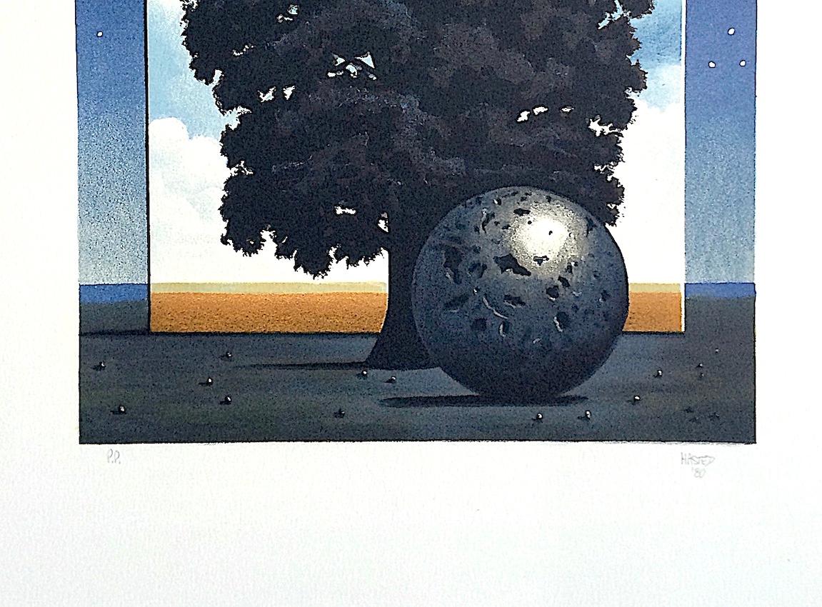 LIGHT OF DISCOVERY Handgezeichnete Lithographie, Surrealistische Landschaft, Nachthimmel, Baum  (Surrealismus), Print, von Michael Hasted