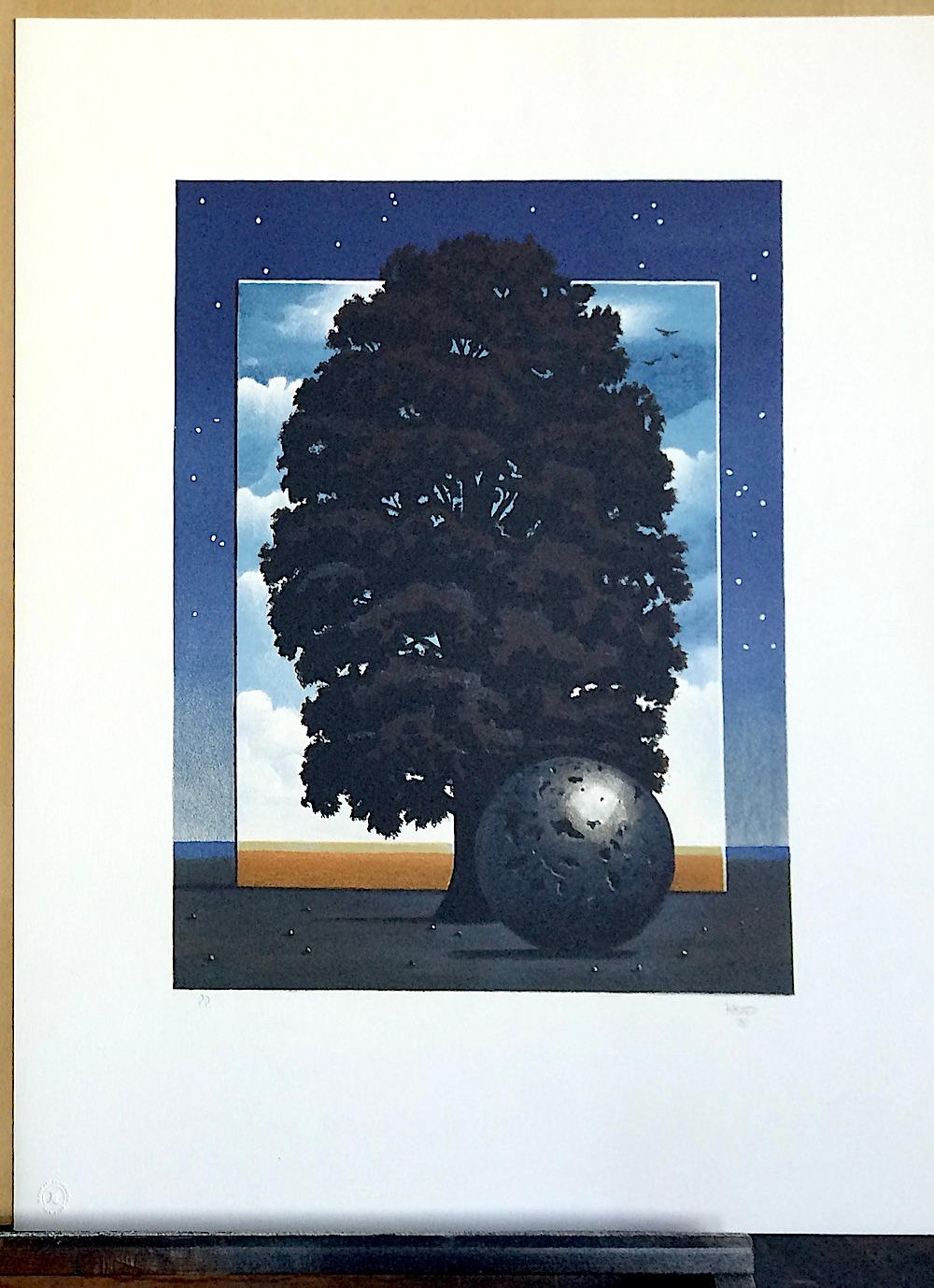 LIGHT OF DISCOVERY, lithographie dessinée à la main, paysage surréaliste, ciel nocturne, arbre  - Violet Landscape Print par Michael Hasted