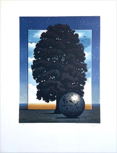 LIGHT OF DISCOVERY Handgezeichnete Lithographie, Surrealistische Landschaft, Nachthimmel, Baum