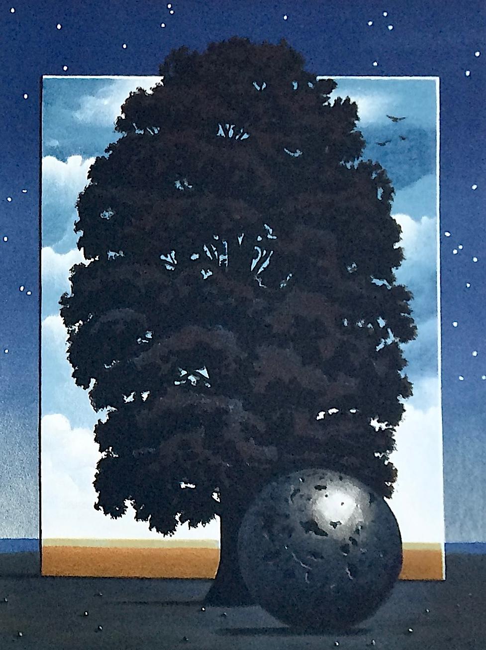 LIGHT OF DISCOVERY Litografia disegnata a mano, paesaggio surrealista, cielo notturno, albero - Landscape Print Viola di Michael Hasted