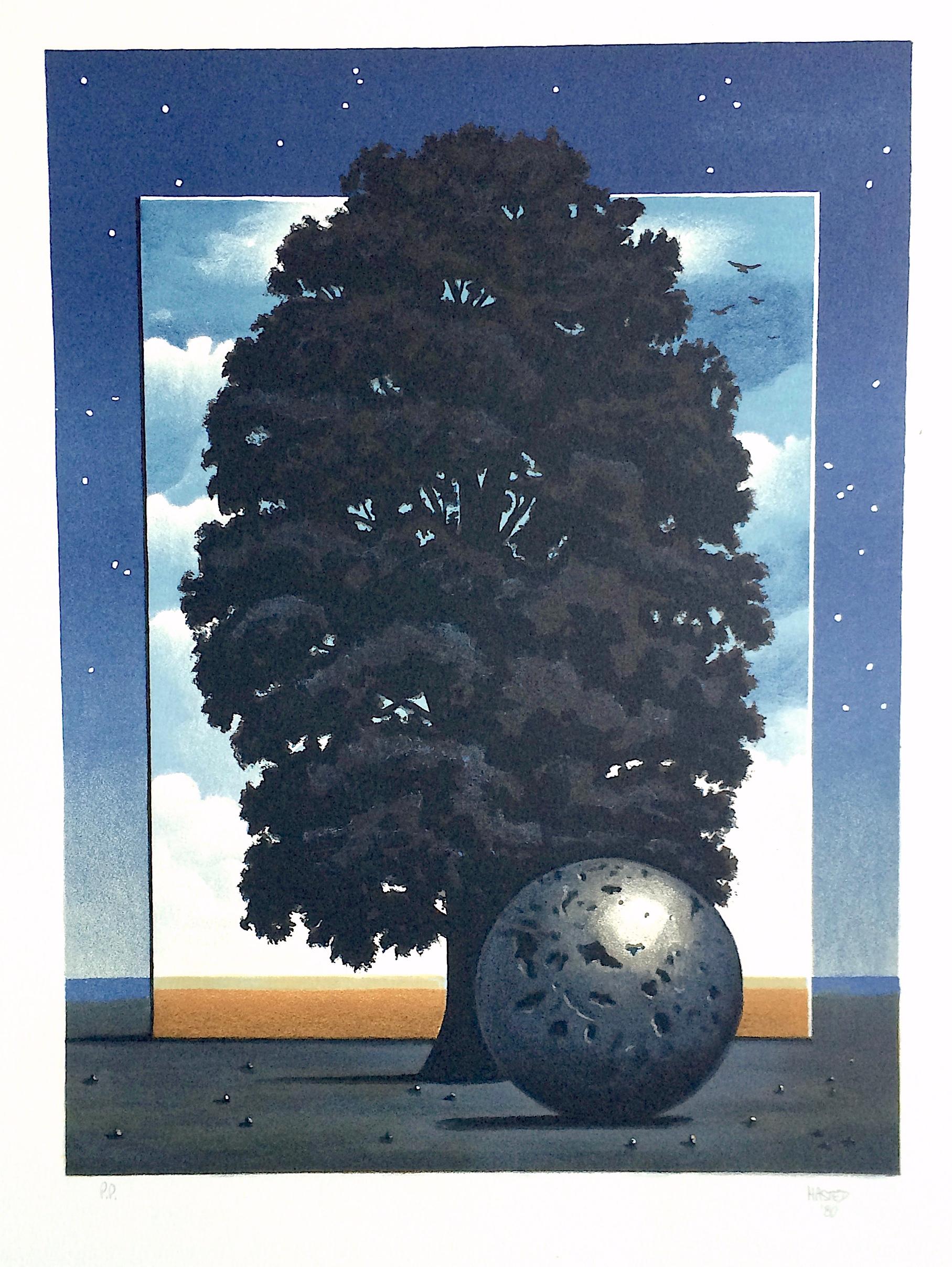 LIGHT OF DISCOVERY Hand Drawn Lithograph, Surrealist Landscape, Night Sky, Tree  - Print by Michael Hasted