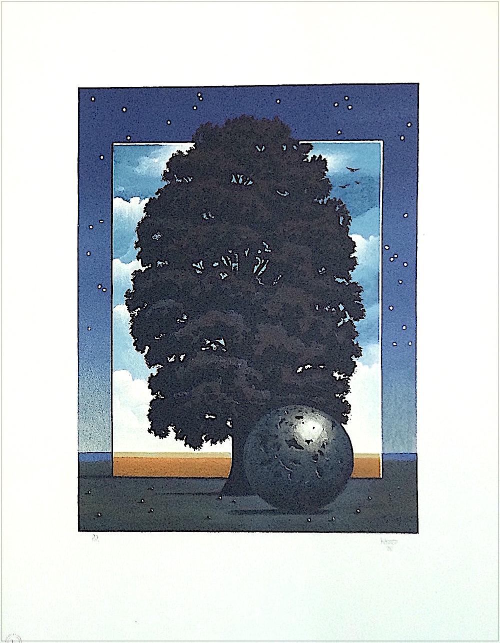 Michael Hasted Landscape Print – LIGHT OF DISCOVERY Handgezeichnete Lithographie, Surrealistische Landschaft, Nachthimmel, Baum 