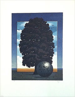 Retro LIGHT OF DISCOVERY Hand Drawn Lithograph, Surrealist Landscape, Night Sky, Tree 