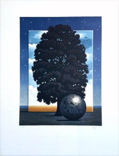 LUZ DEL DESCUBRIMIENTO Litografía dibujada a mano, paisaje surrealista, cielo nocturno, árbol