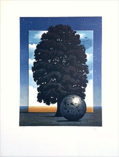LIGHT OF DISCOVERY Handgezeichnete Lithographie, Surrealistische Landschaft, Nachthimmel, Baum