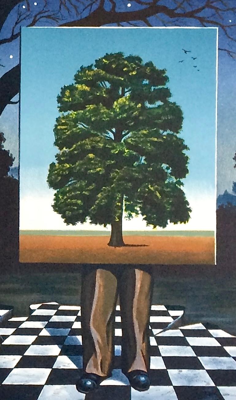 PUBLIC OUTCRY Signed Lithograph, Man, Tree, Magritte-Style, Surrealism - Surrealist Print by Michael Hasted