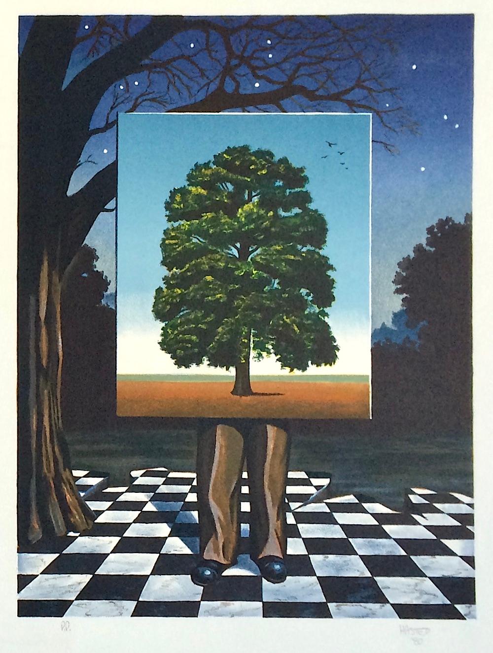 PUBLIC OUTCRY Signed Lithograph, Man, Tree, Magritte-Style, Surrealism - Print by Michael Hasted
