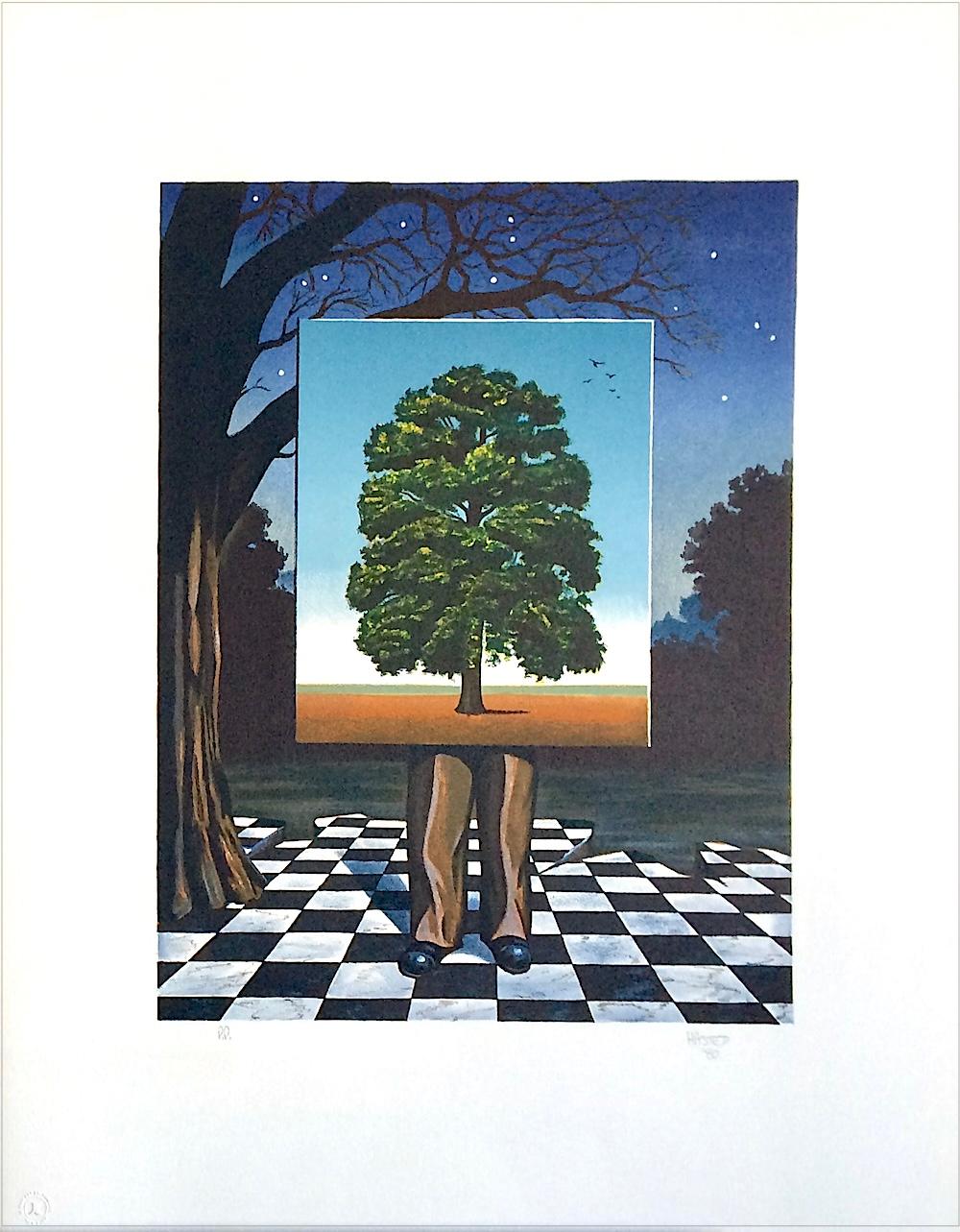 PUBLIC OUTCRY Signed Lithograph, Man, Tree, Magritte-Style, Surrealism