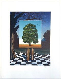 Vintage PUBLIC OUTCRY Signed Lithograph, Man, Tree, Magritte-Style, Surrealism