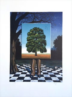 PUBLIC OUTCRY Litografía firmada, Hombre, Árbol, Estilo Magritte, Surrealismo