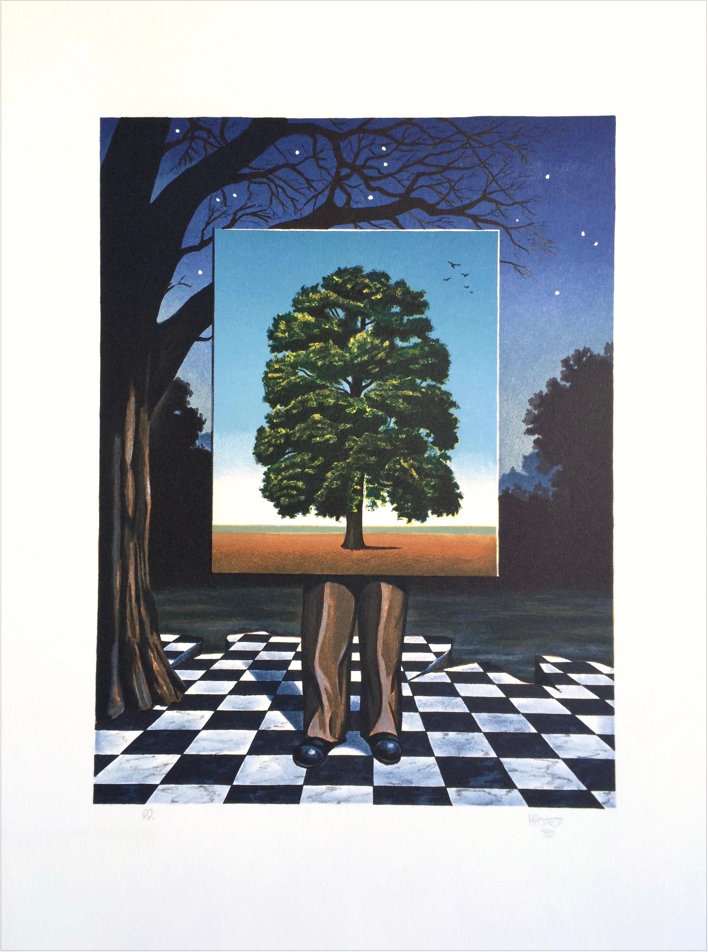 PUBLIC OUTCRY Signierte Lithographie, Mann, Baum, Magritte-Stil, Surrealismus