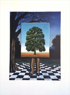 PUBLIC OUTCRY Signierte Lithographie, Mann, Baum, Magritte-Stil, Surrealismus