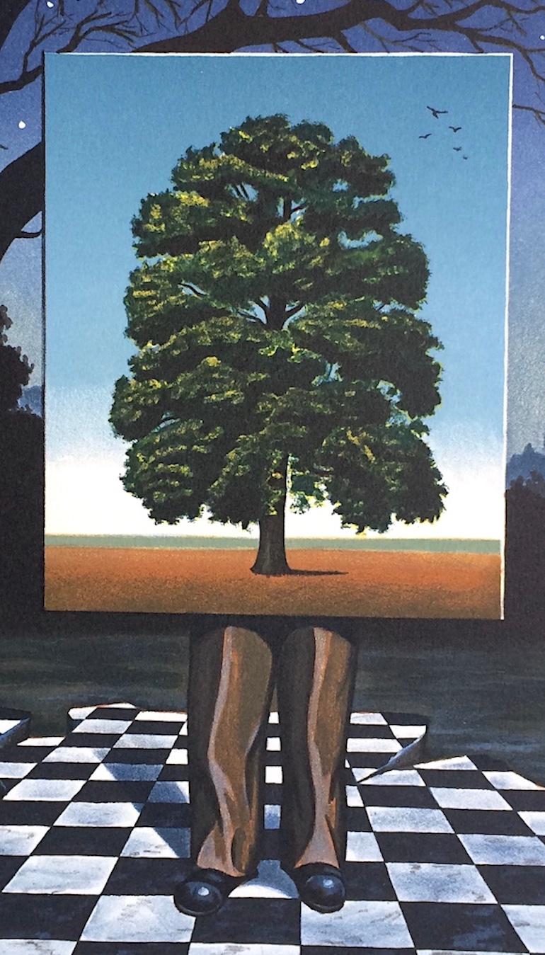  PUBLIC OUTCRY Signed Lithograph, Surrealist Scene Man, Tree, Checkered Tiles - Print by Michael Hasted