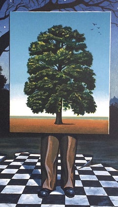 PUBLIC OUTCRY Signed Lithograph, Surrealist Scene Man, Tree, Checkered Tiles