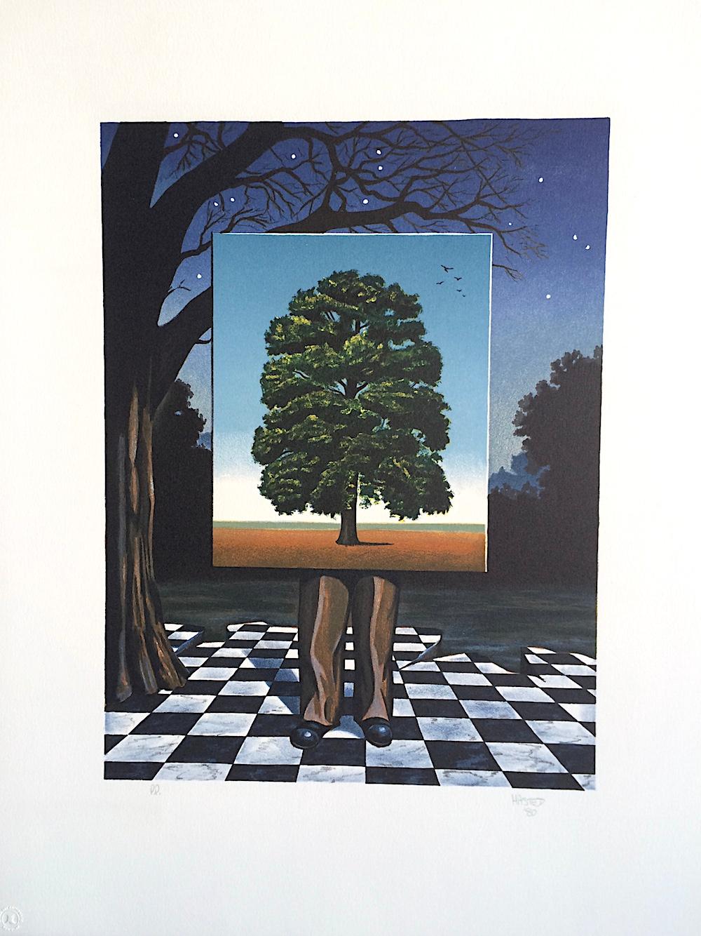  PUBLIC OUTCRY Signed Lithograph, Surrealist Scene Man, Tree, Checkered Tiles For Sale 1