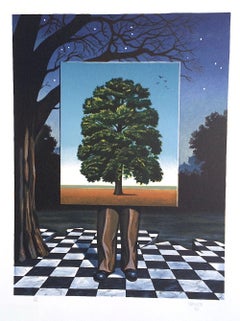 Retro  PUBLIC OUTCRY Signed Lithograph, Surrealist Scene Man, Tree, Checkered Tiles
