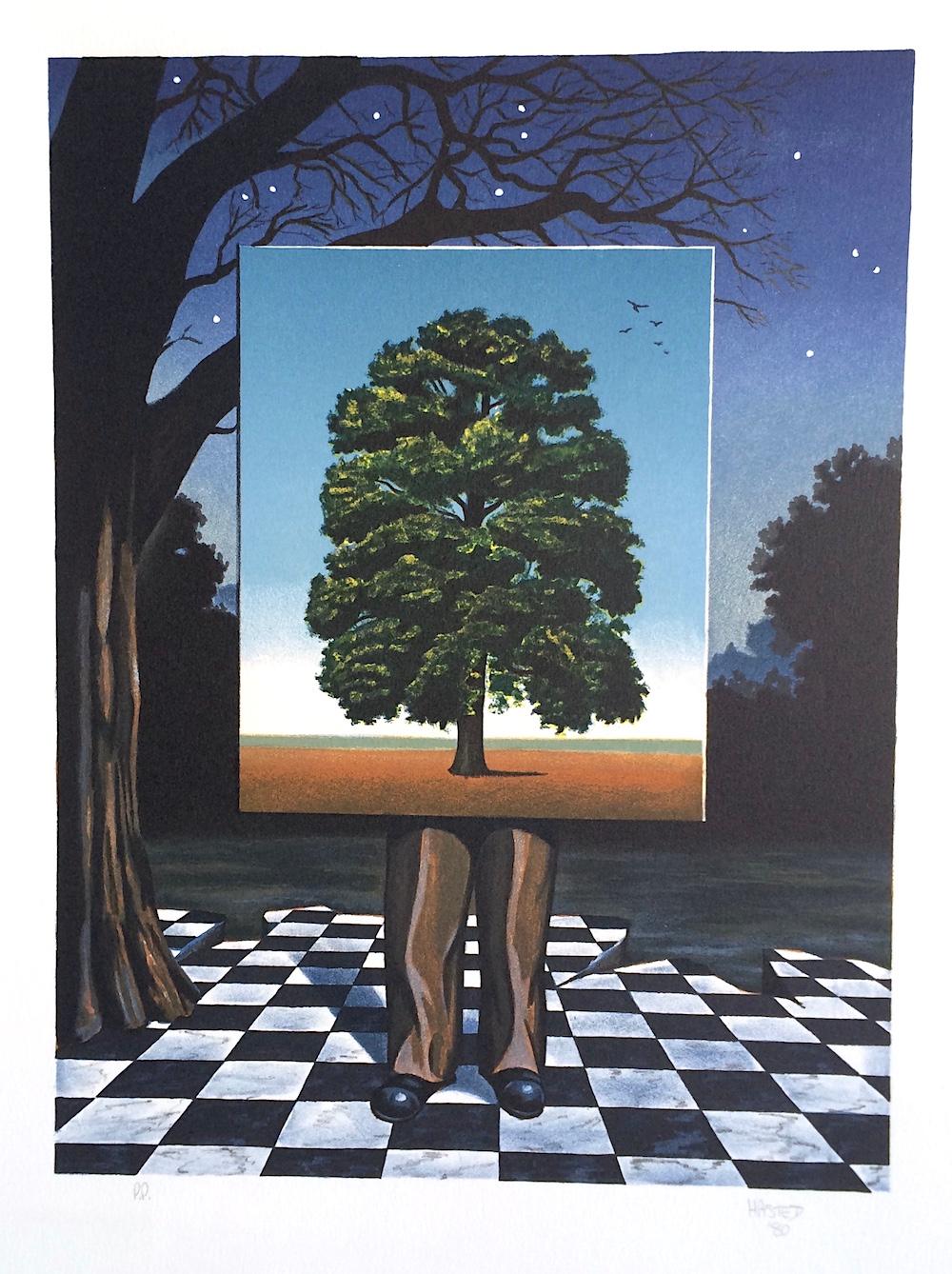  PUBLIC OUTCRY Signed Lithograph, Surrealist Scene Man, Tree, Checkered Tiles