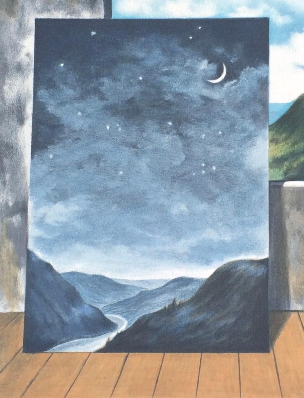 RANDOM SELECTION 2, litografia disegnata a mano, paesaggio surrealista, vista dalla finestra - Interior Print Grigio di Michael Hasted