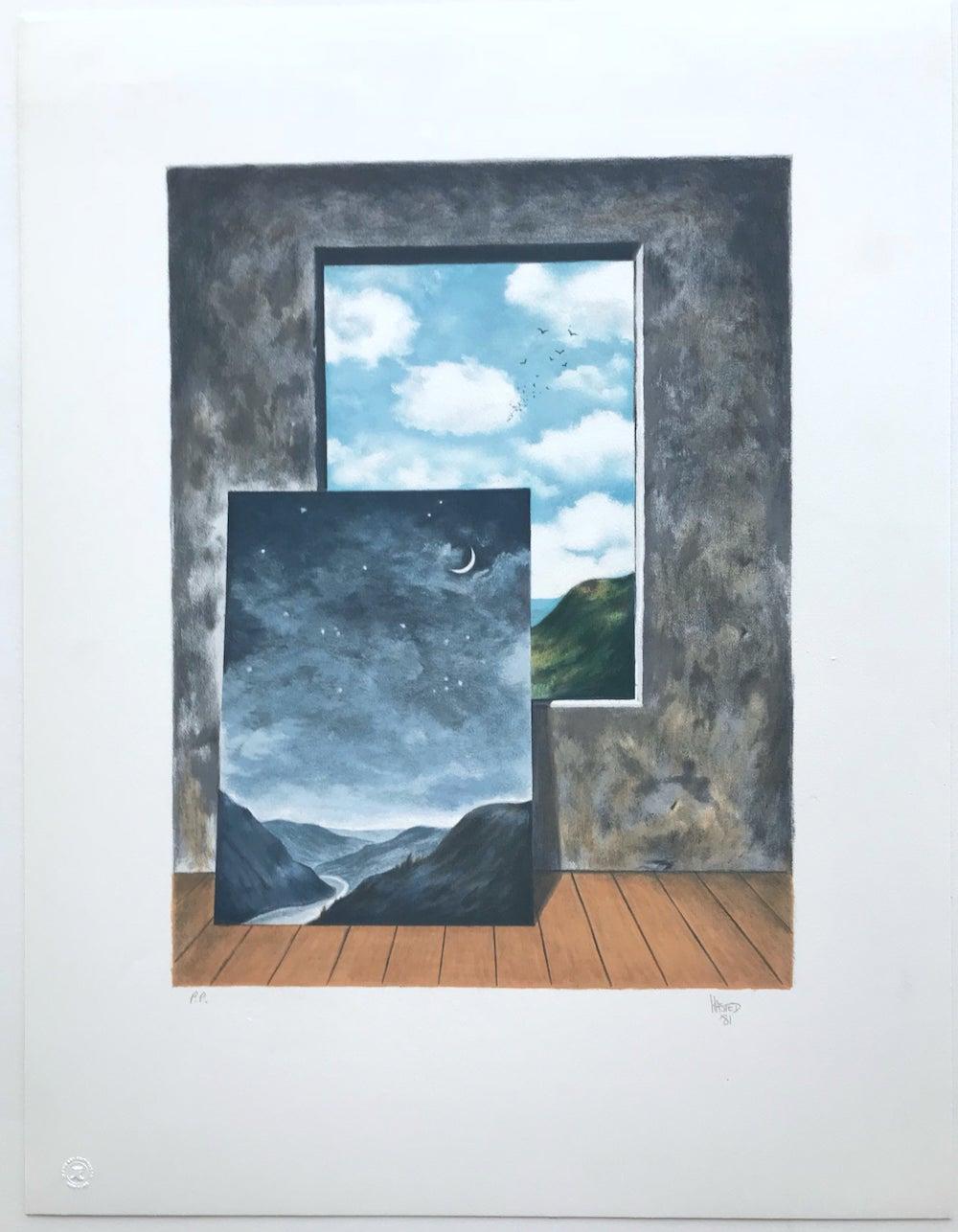 Random Selection 2 is an original hand drawn limited edition lithograph by the British artist, Michael Hasted printed using hand lithography on archival Somerset paper, 100% acid free.
Random Selection is a surrealist composition depicting a window