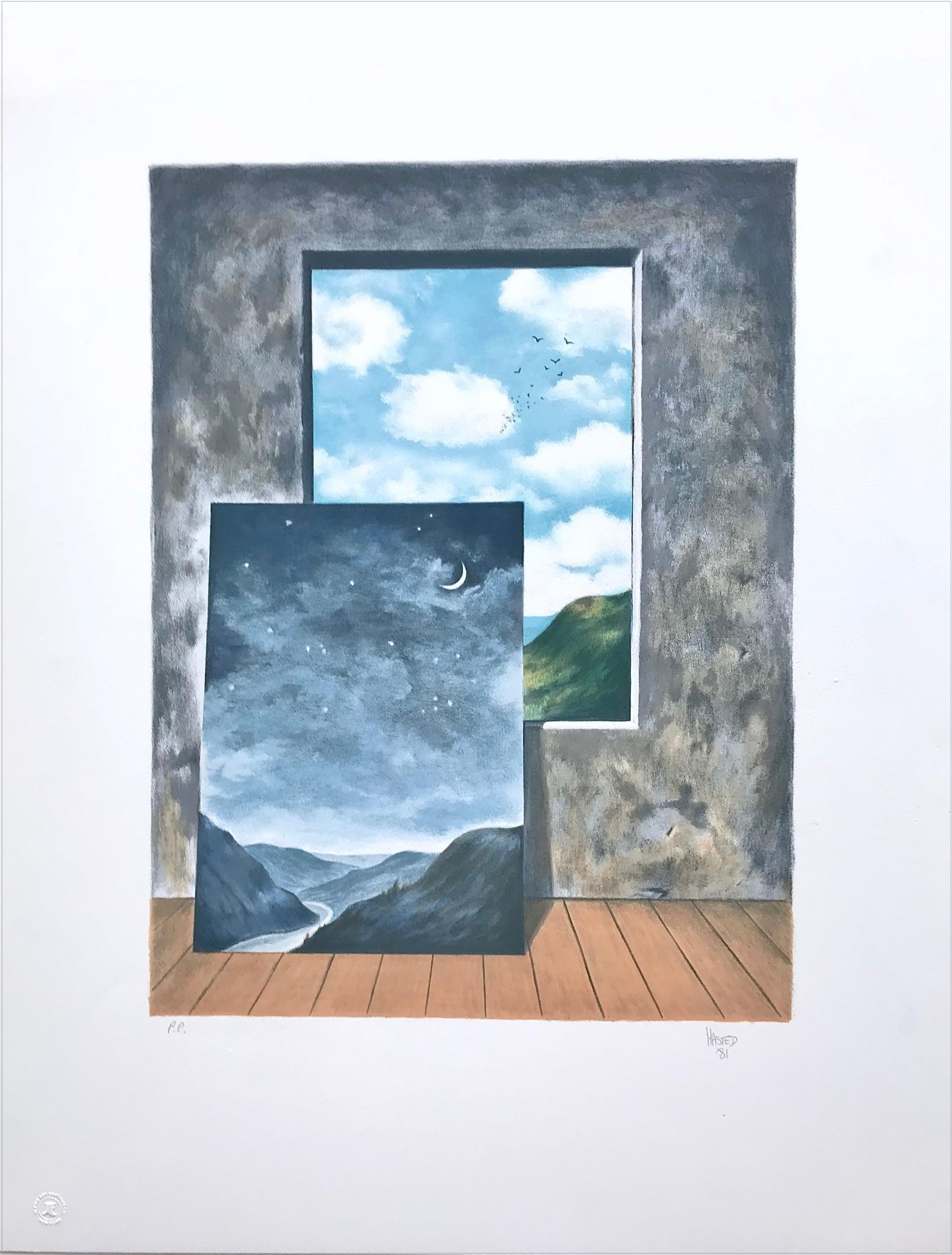 RANDOM SELECTION 2, Hand Drawn Lithograph, Surrealist Landscape, Window View For Sale 5