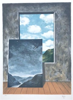 RANDOM SELECTION 2, handgezeichnete Lithographie, surrealistische Landschaft, Fensteransicht