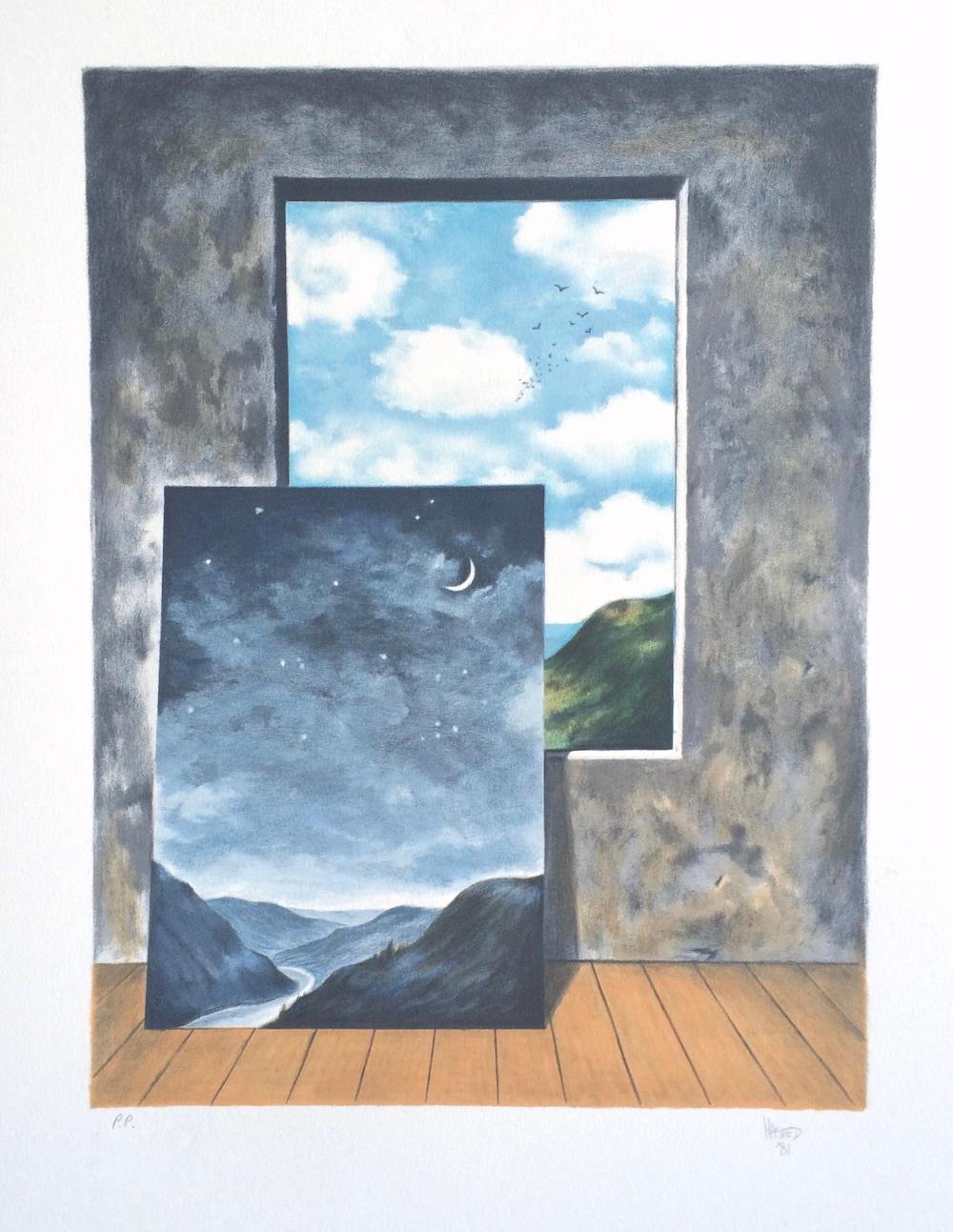 SELECCIÓN ALEATORIA 2, Litografía dibujada a mano, Paisaje surrealista, Vista de ventana