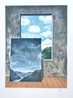 RANDOM SELECTION 2, handgezeichnete Lithographie, surrealistische Landschaft, Fensteransicht