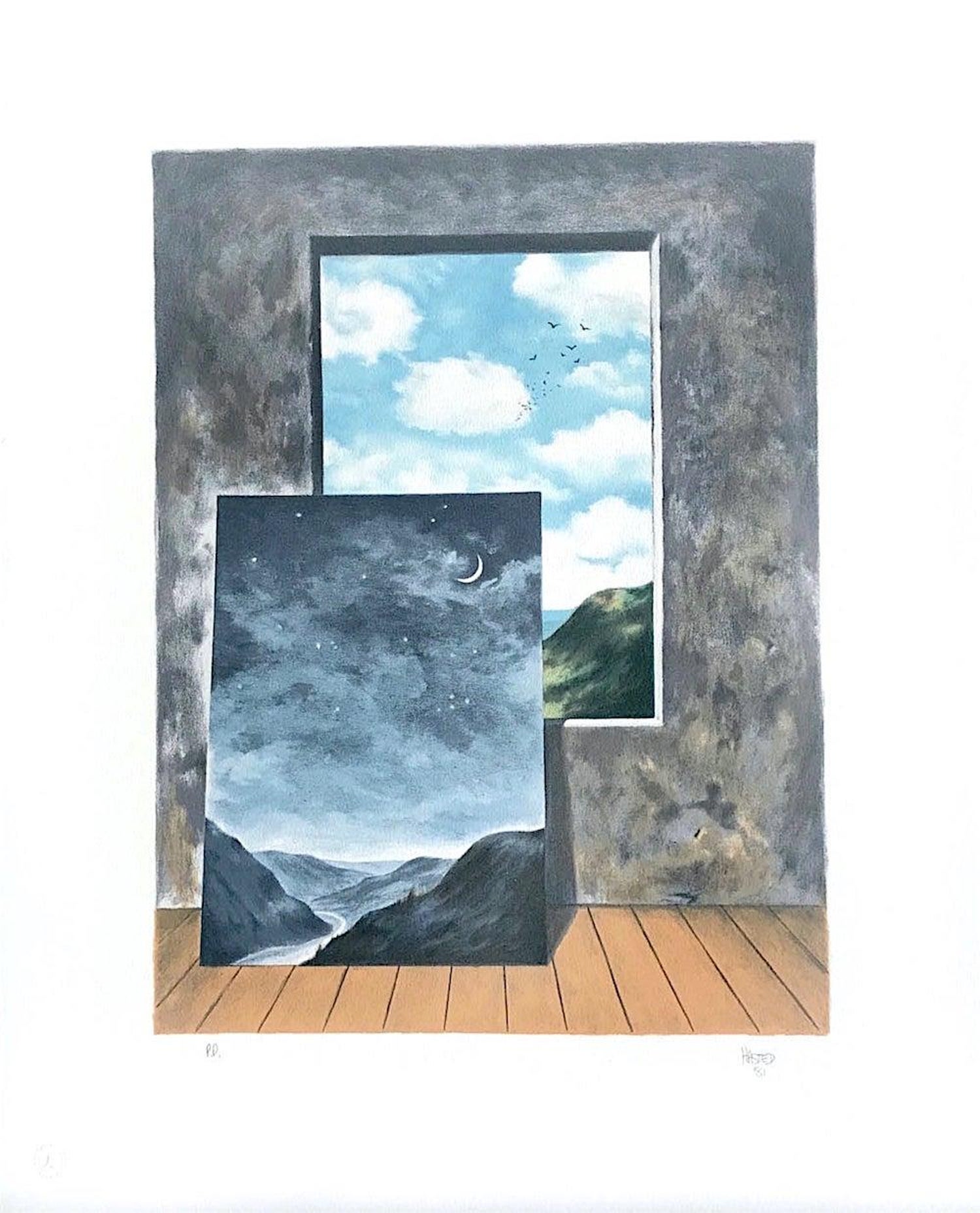 Random Selection 2 Hand Drawn Lithograph Surrealist Landscape Window View