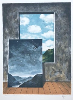 Random Selection 2, Hand Drawn Lithograph, Surrealist Landscape, Window View