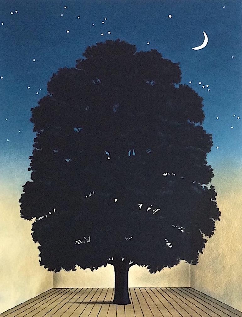 SONG OF PRAISE Hand Drawn Lithograph, Surrealist Dark Tree, Crescent Moon - Print by Michael Hasted