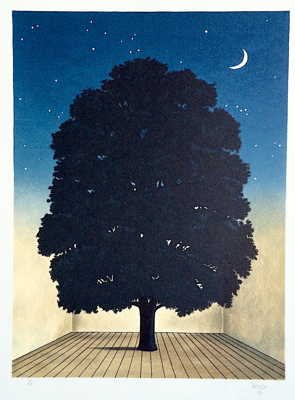 Michael Hasted Interior Print - SONG OF PRAISE Hand Drawn Lithograph, Surrealist Dark Tree, Crescent Moon