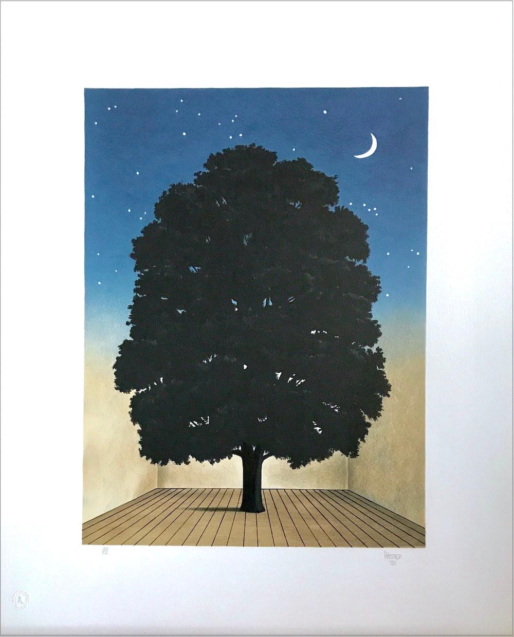 SONG OF PRAISE Hand Drawn Lithograph, Tree Portrait, Night Sky, Crescent Moon - Print by Michael Hasted