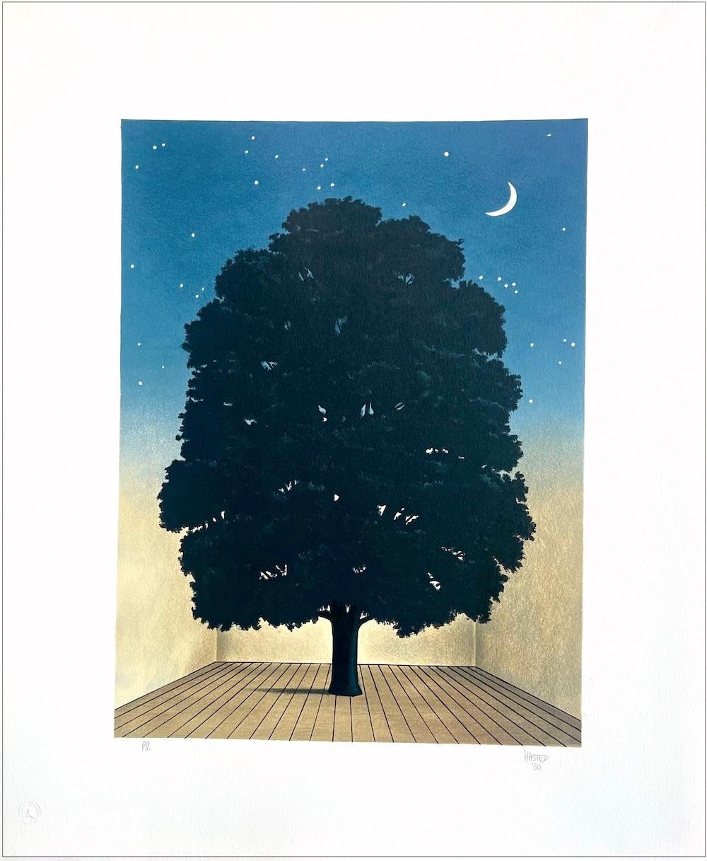 CÁNTICO DE ALABANZA Litografía dibujada a mano, retrato de árbol, cielo nocturno, luna creciente
