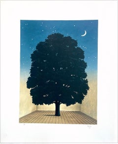 CÁNTICO DE ALABANZA Litografía dibujada a mano, retrato de árbol, cielo nocturno, luna creciente