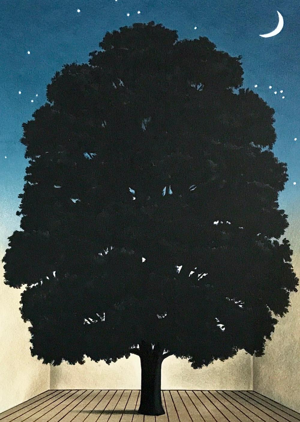 SONG OF PRAISE Hand Drawn Lithograph, Tree Portrait, Night Sky, Crescent Moon - Black Landscape Print by Michael Hasted