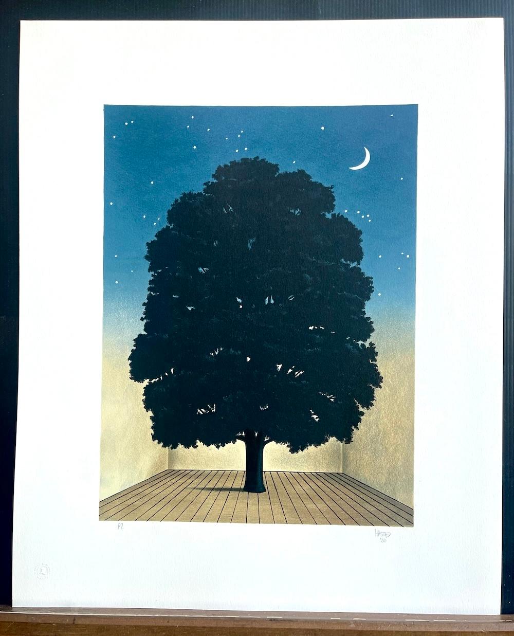 SONG OF PRAISE Hand Drawn Lithograph, Tree Portrait, Night Sky, Crescent Moon For Sale 3