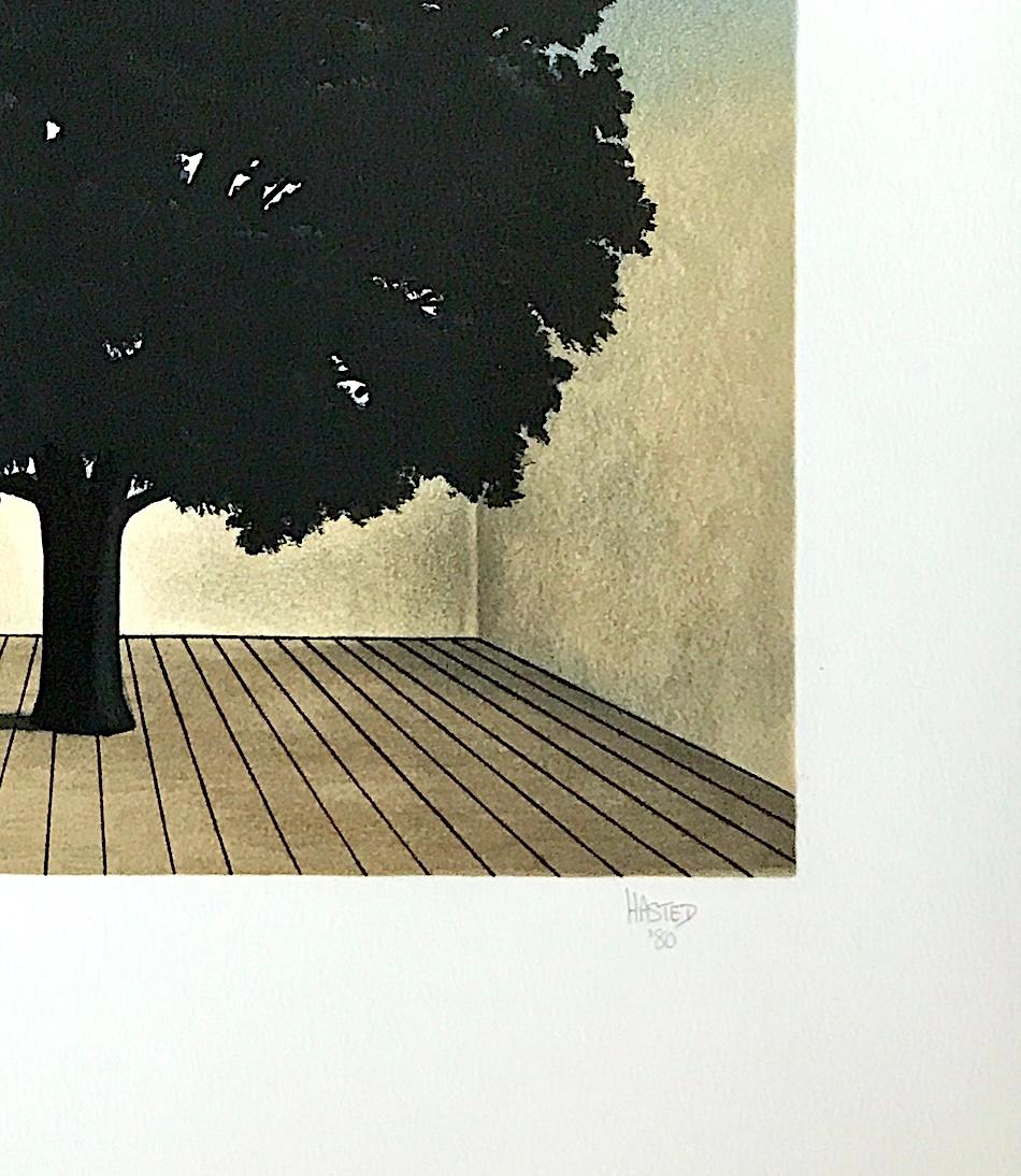 SONG OF PRAISE Hand Drawn Lithograph, Tree Portrait, Night Sky, Crescent Moon For Sale 2