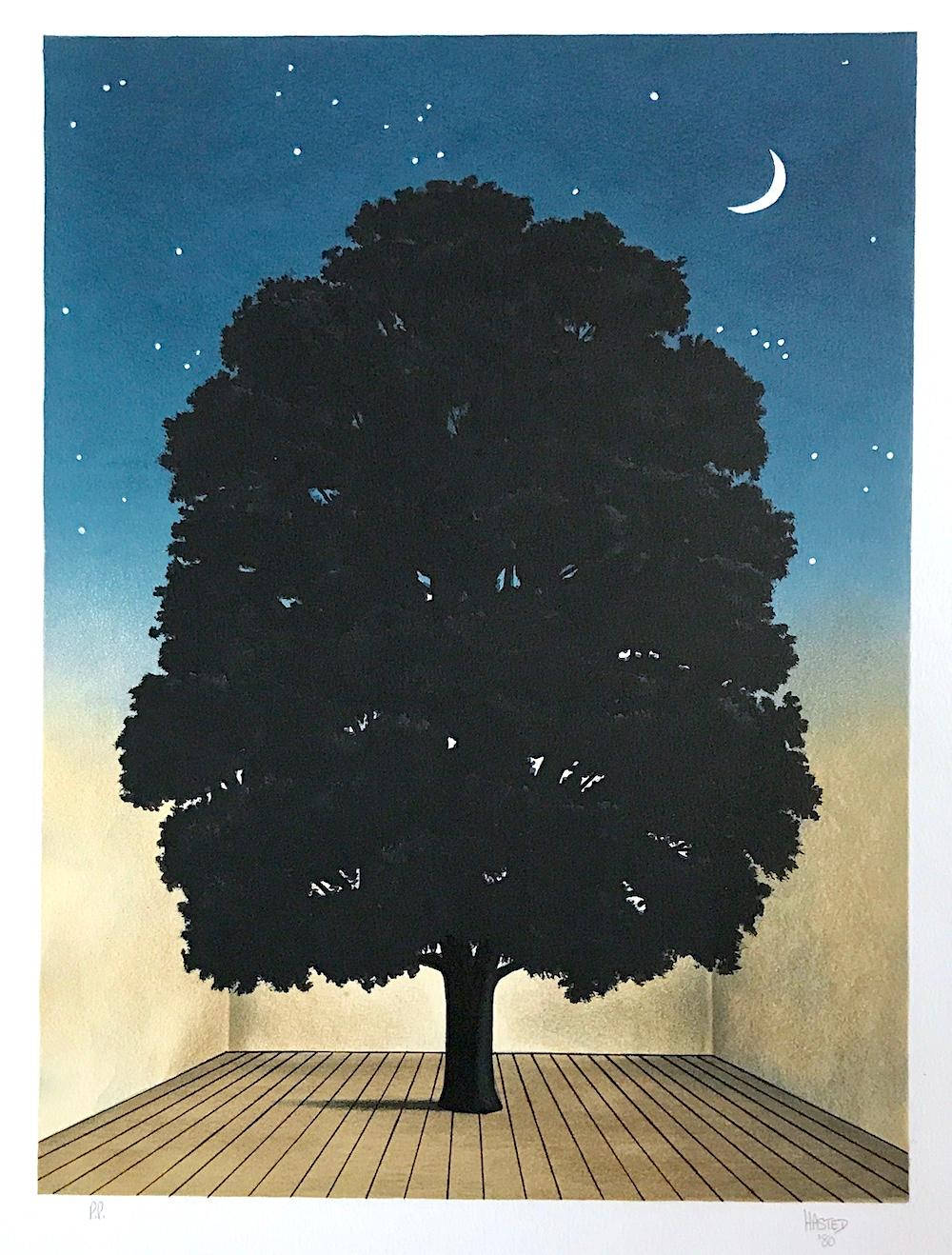 Interior Print Michael Hasted - SONG OF PRAISE, lithographie dessinée à la main, portrait d'arbre, ciel de nuit, croissant de lune