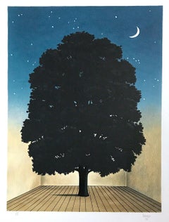 SONG OF PRAISE Hand Drawn Lithograph, Tree Portrait, Night Sky, Crescent Moon